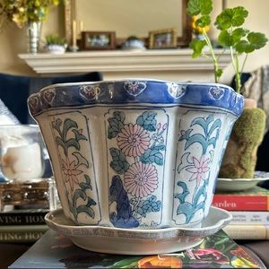 Cottage Core Scallop Chinoiserie Planter & Saucer Antique Vintage RARE Chinese